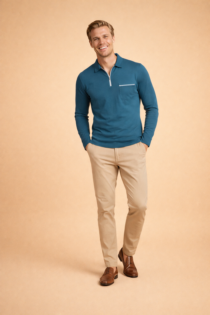 Comfortable men's long-sleeve quarter-zip polo. Ideal for smart casual wear or everyday versatility.