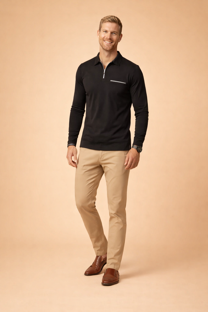 Stylish men's quarter-zip long-sleeve polo shirt, perfect for smart casual outings or office wear.
