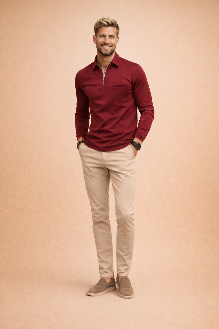 Versatile men's long-sleeve polo with quarter-zip, a smart casual fashion essential for any wardrobe.