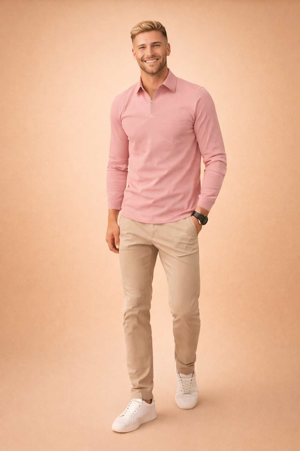 Close-up of a men's long-sleeve quarter-zip polo shirt, highlighting the zipper detail and fabric texture.