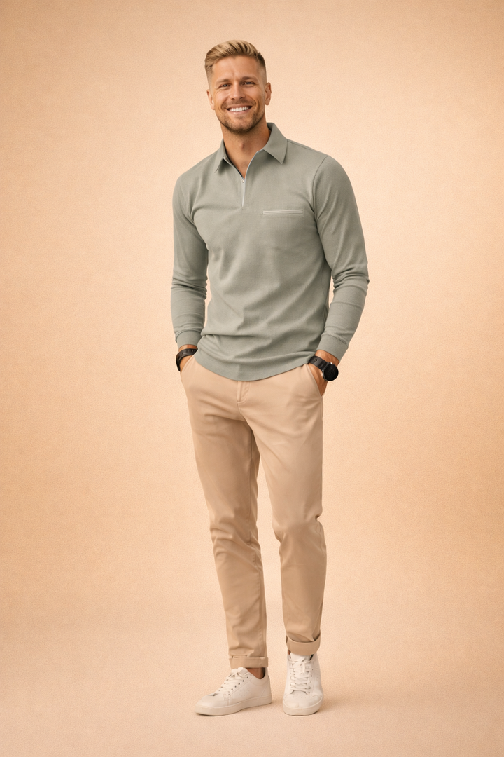 Classic men's long-sleeve quarter-zip polo, designed for everyday style, comfort, and effortless dressing.
