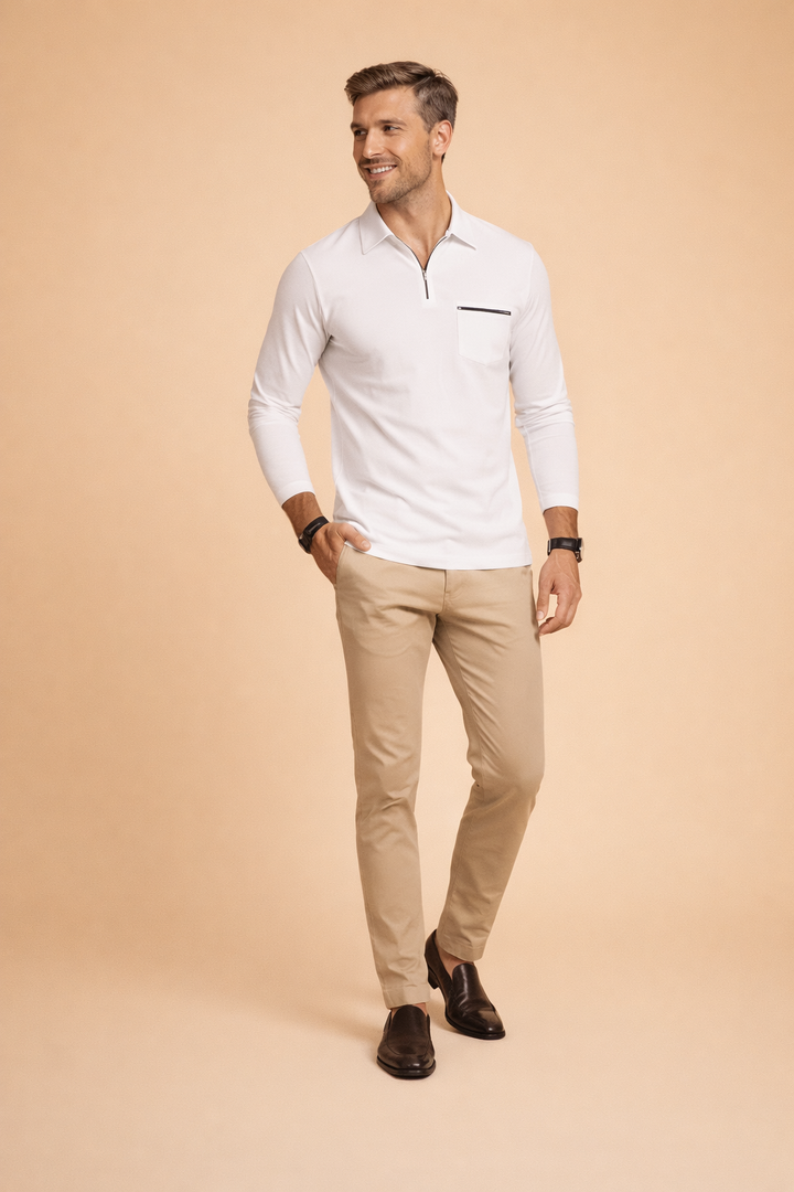Men's zipper polo, long-sleeve and comfortable, a perfect choice for elevated casual and smart looks.
