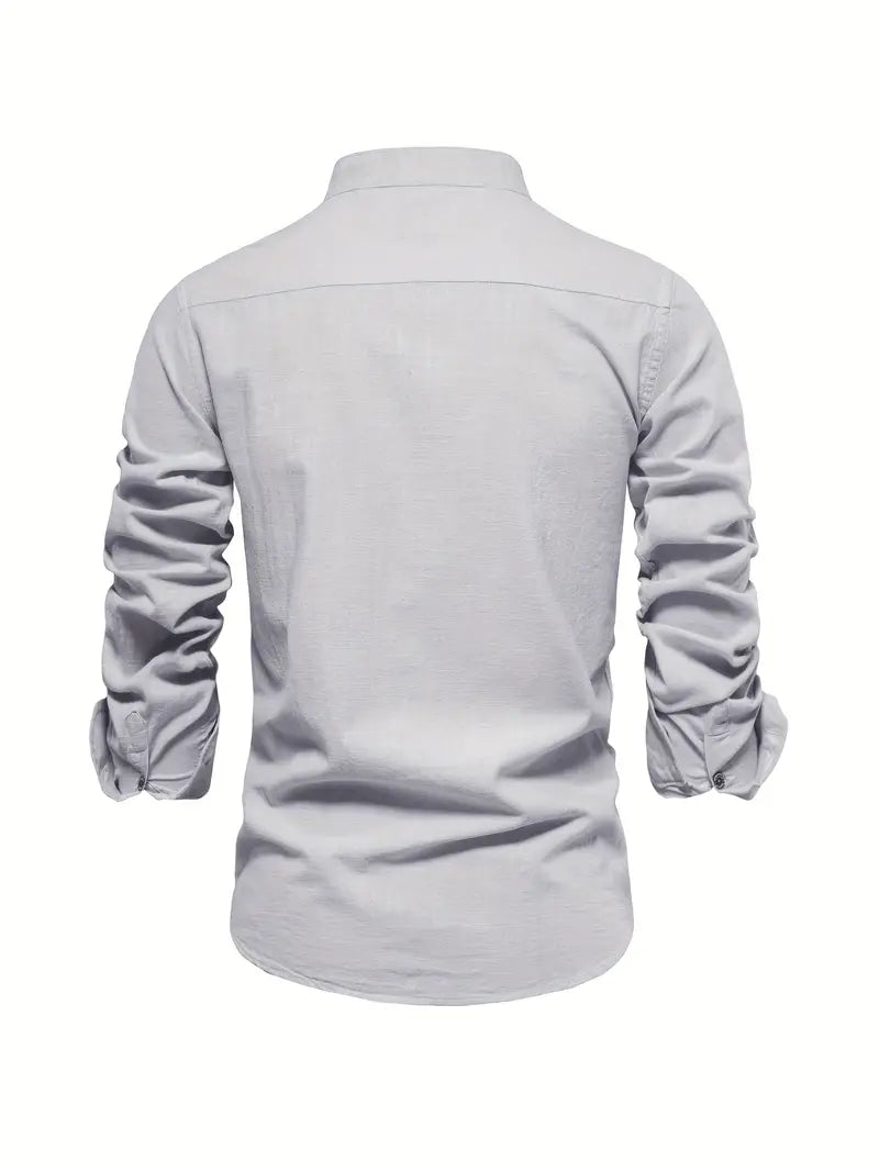 Versatile men's long sleeve casual button-up shirt with stand collar, great for many occasions.