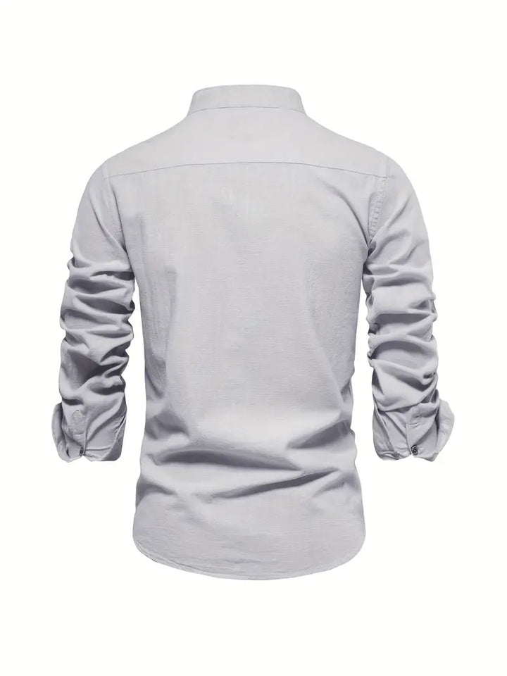 Versatile men's long sleeve casual button-up shirt with stand collar, great for many occasions.