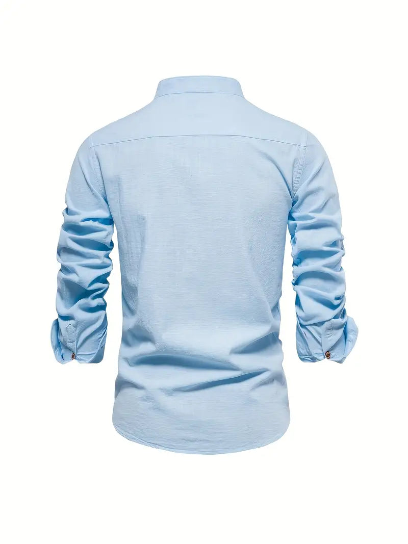 Plain men's button-up shirt, long sleeve, stand collar, a classic versatile casual top.