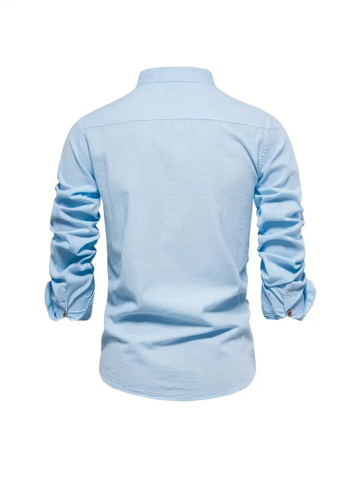 Plain men's button-up shirt, long sleeve, stand collar, a classic versatile casual top.