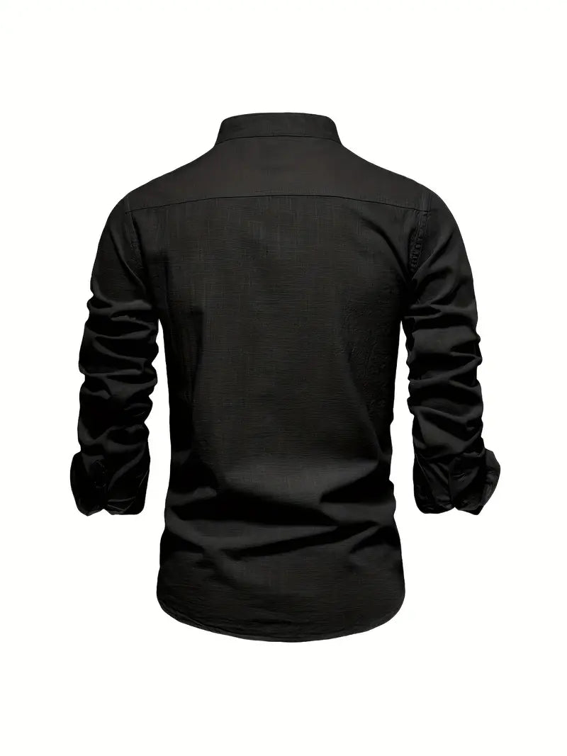 Men's long sleeve button-up casual shirt with stand collar, a smart choice for summer fashion.