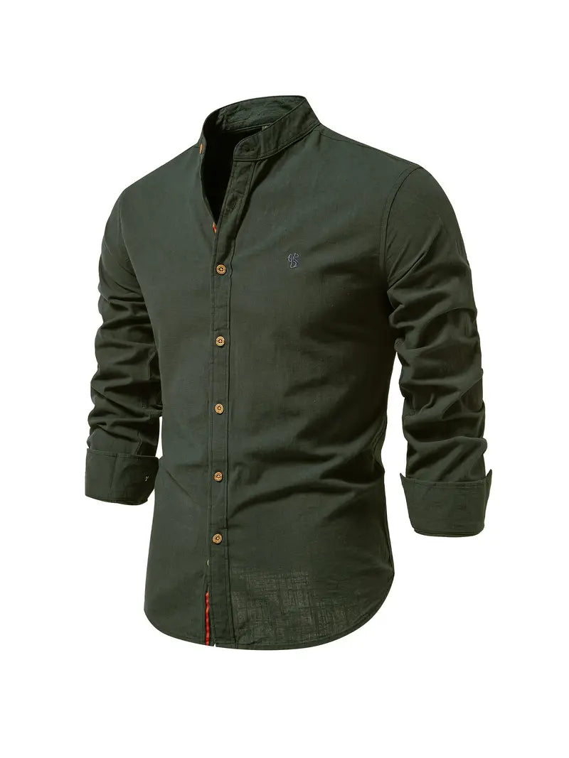 Holiday-ready men's long sleeve stand collar button-up shirt, perfect casual wear.