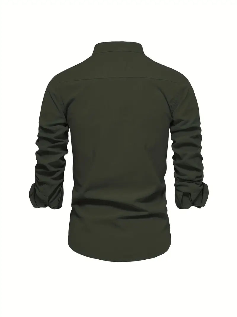 Men's apparel: long sleeve button-up casual shirt with a contemporary stand collar design.