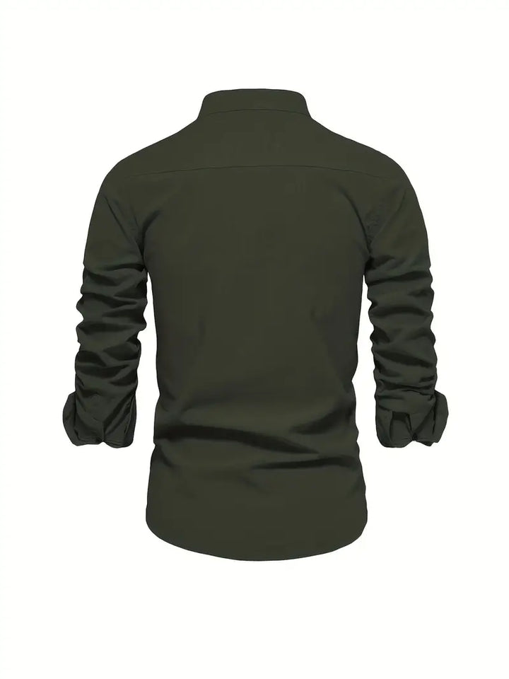 Men's apparel: long sleeve button-up casual shirt with a contemporary stand collar design.