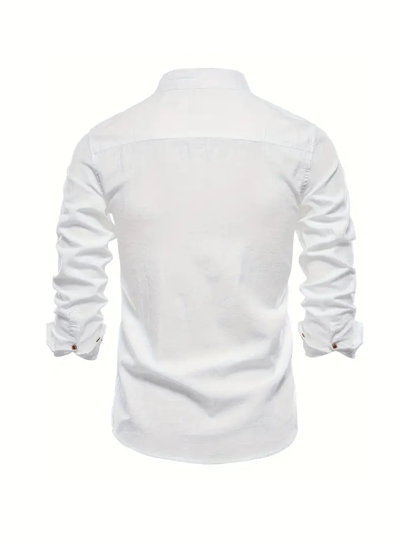 Versatile men's smart casual button-up shirt with stand collar, perfect for summer holidays.