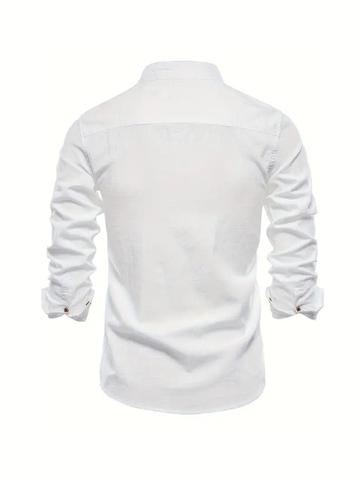 Versatile men's smart casual button-up shirt with stand collar, perfect for summer holidays.