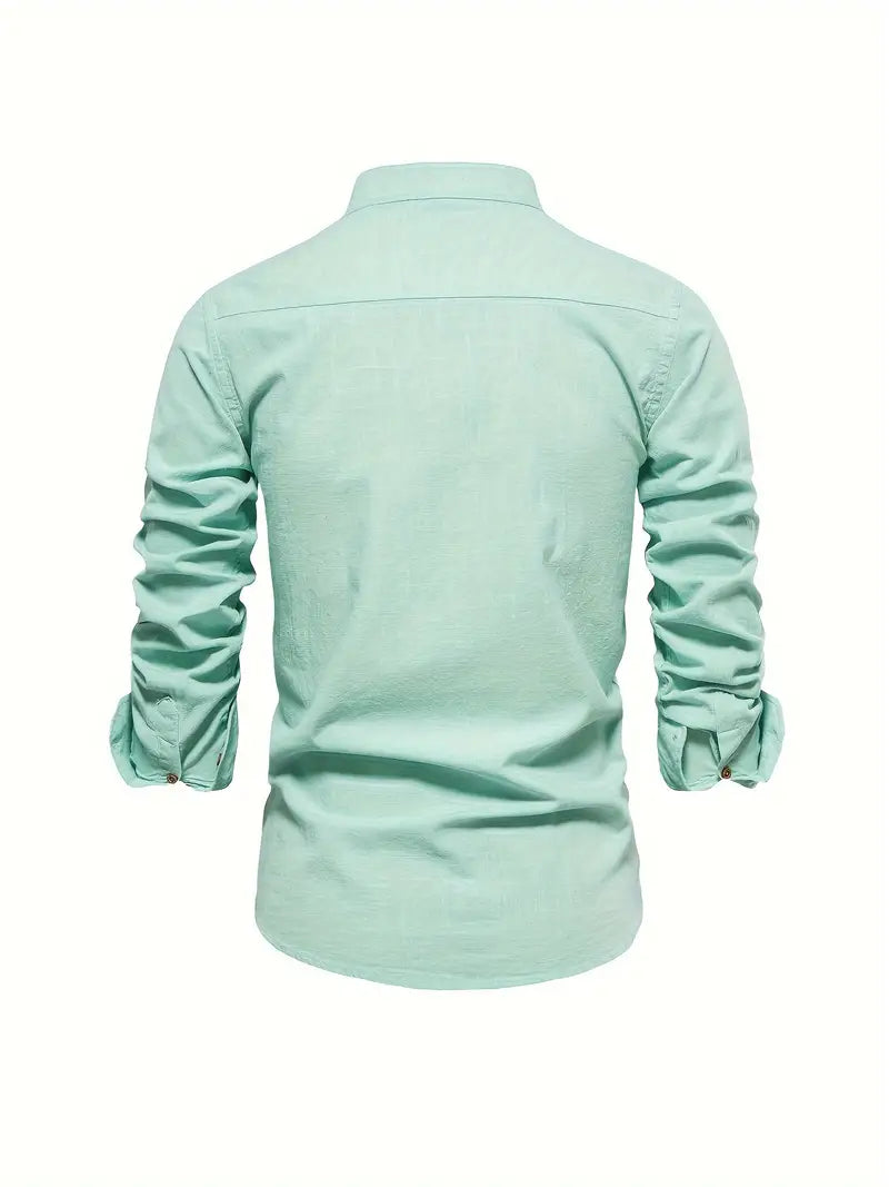 Man wearing a comfortable long sleeve stand collar button-up shirt, ideal for smart casual looks.