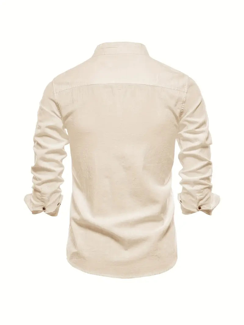 Men's casual long sleeve shirt, button-up design with a modern stand collar.