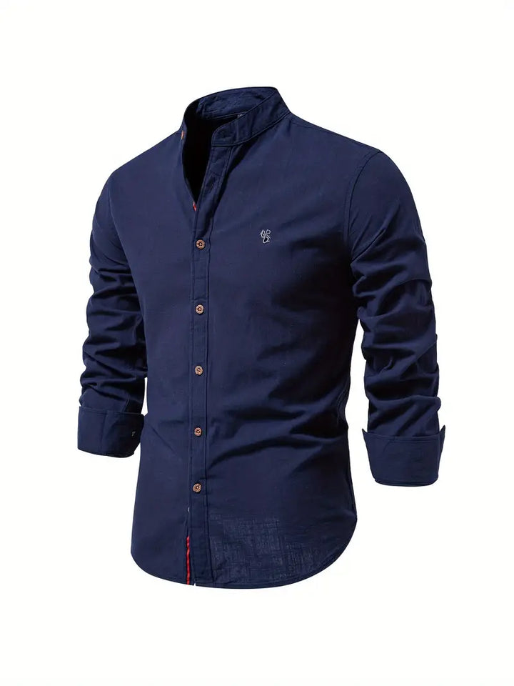 Lightweight men's button-up stand collar shirt, perfect long sleeve top for summer & holiday wear.