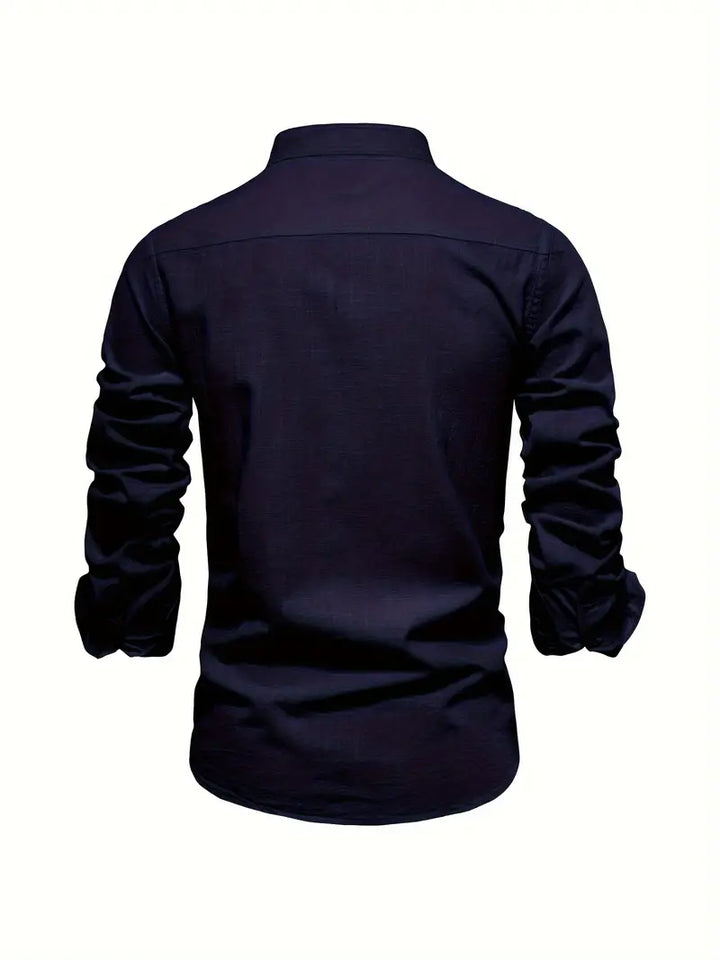 Smart casual men's long sleeve shirt with a sophisticated stand collar and button-up front.