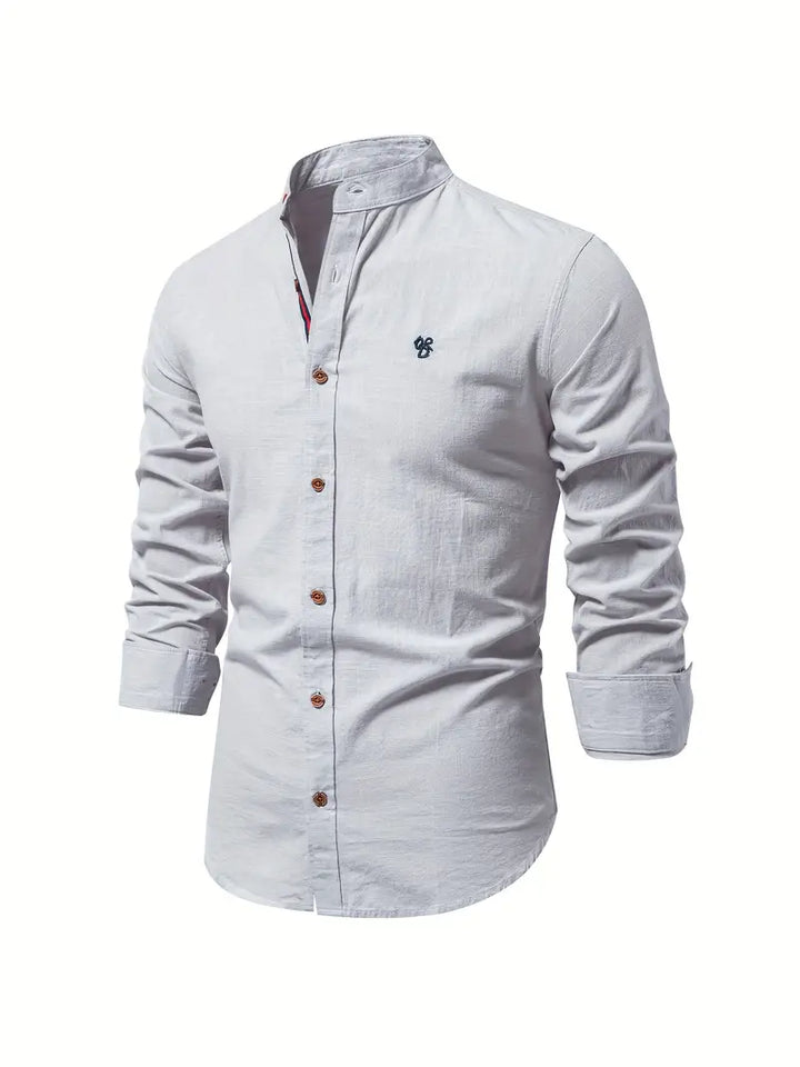 Regular fit men's plain long sleeve button-up shirt, featuring a trendy stand collar.