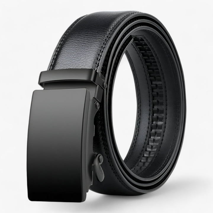 Men's luxury black leather belt with sleek automatic buckle, perfect for dress or casual wear. Durable & adjustable.