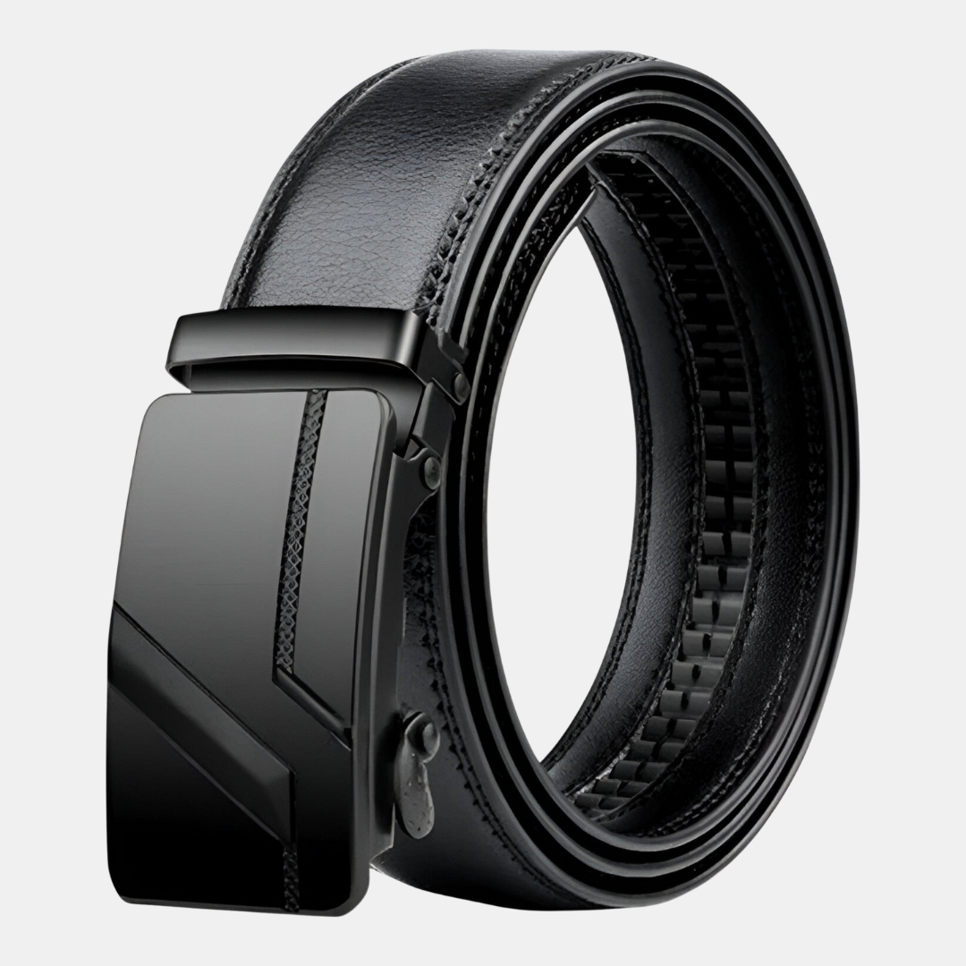 Adjustable men's black leather belt featuring an automatic slide buckle for a perfect fit. Ideal dress & casual accessory.