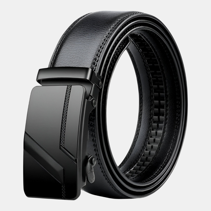Adjustable men's black leather belt featuring an automatic slide buckle for a perfect fit. Ideal dress & casual accessory.