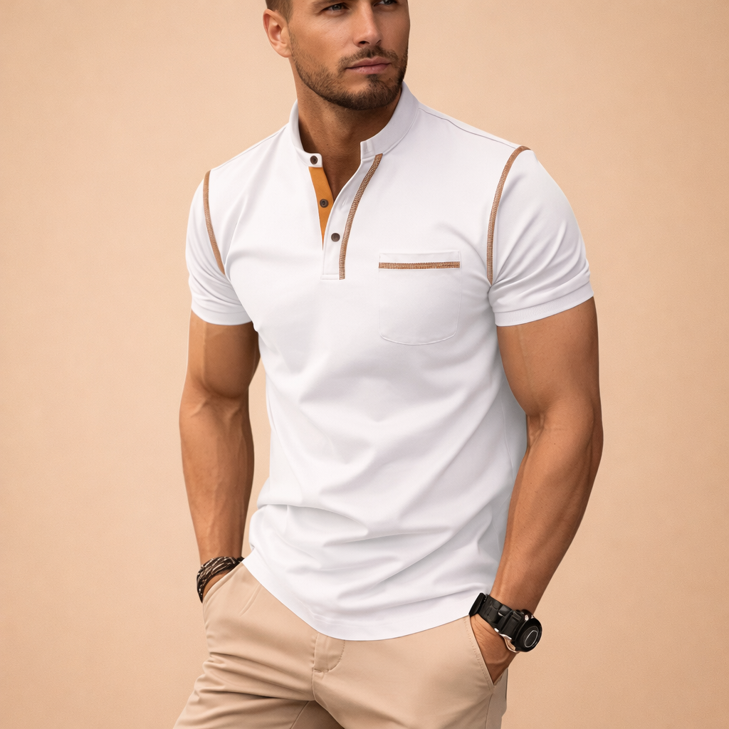 Front view of a men's modern fit collared polo shirt, short sleeve design for versatile casual fashion.