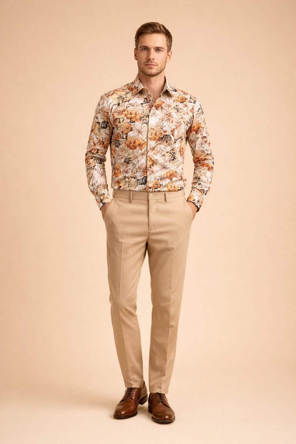 Men's modern floral button-up shirt, long sleeve, casual wear, stylish patterned top for modern menswear.
