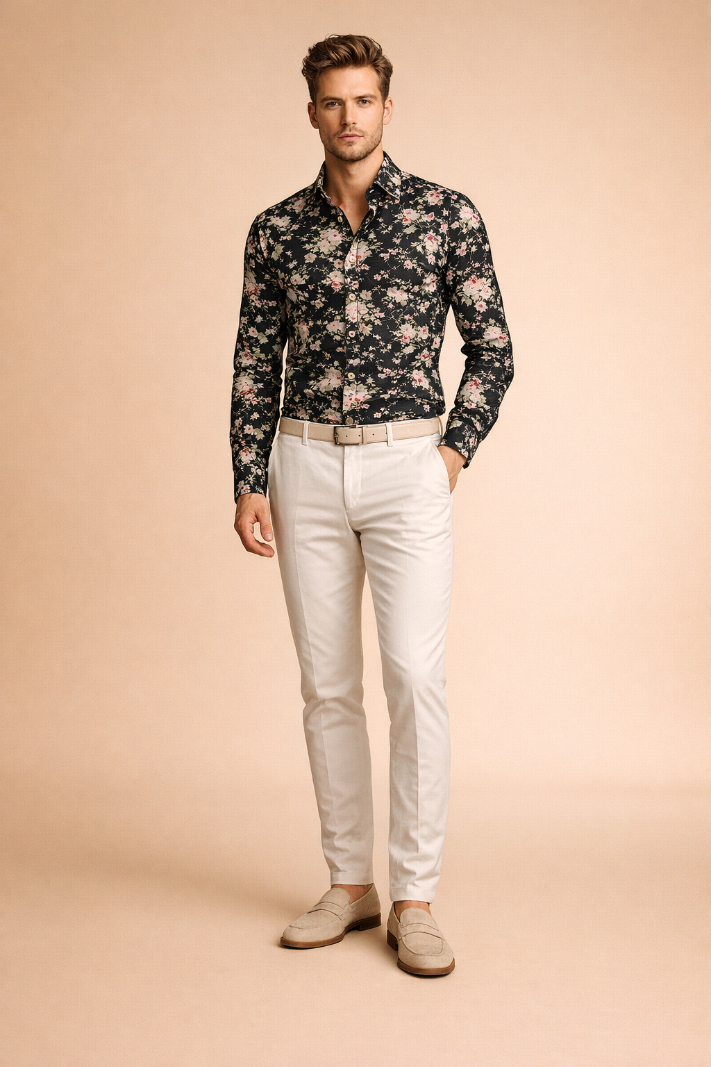 Stylish man wearing modern floral long sleeve button-up shirt, perfect for casual men's fashion.