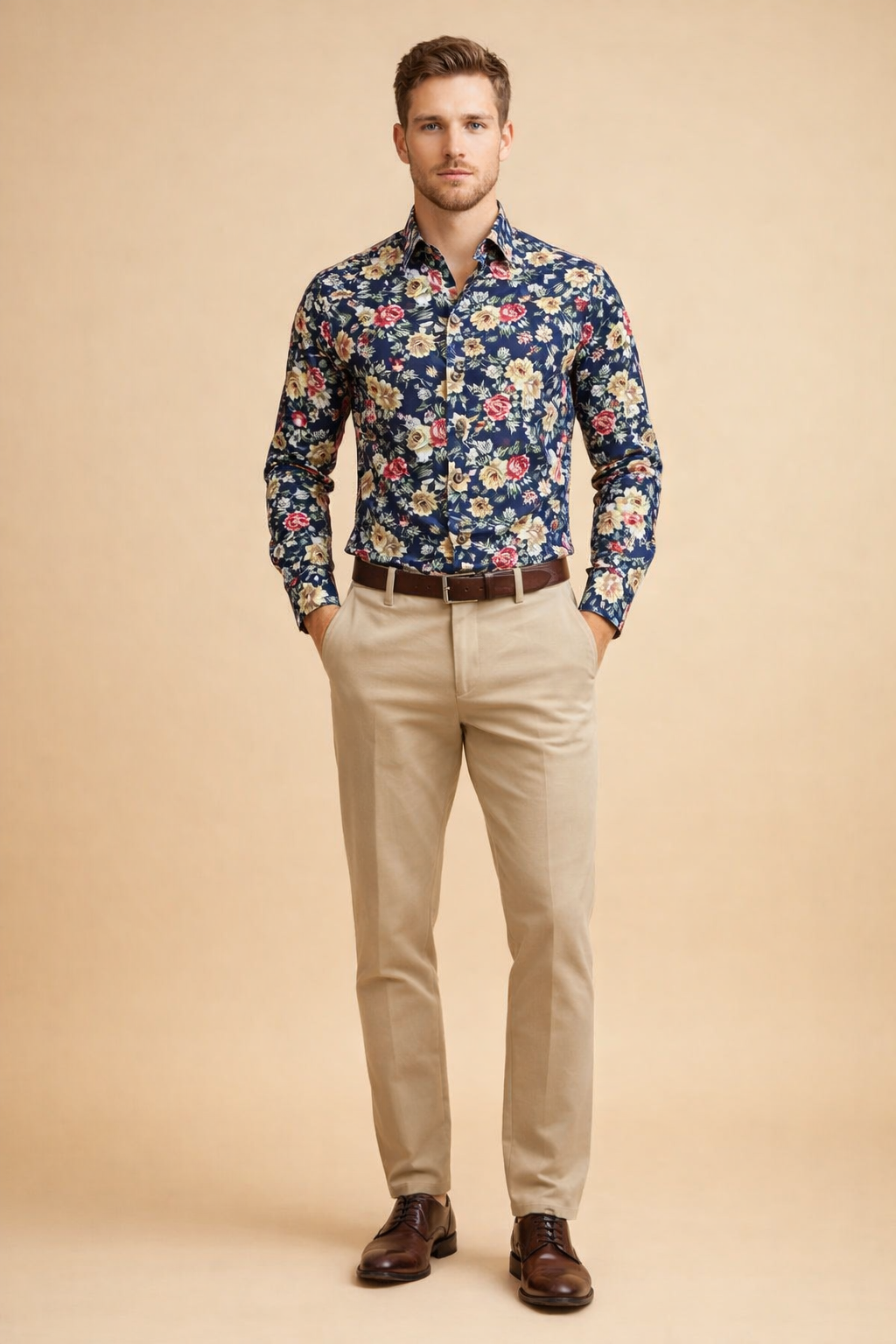 Texture shot of a stylish men's long sleeve floral button-up shirt, comfortable modern casual wear.