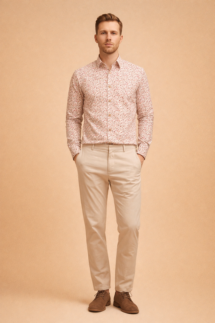 Detail of collar & cuff on a men's modern floral long sleeve button-up shirt, stylish casual top.