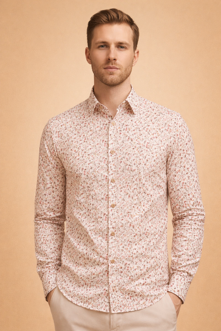 Full view of men's modern floral long sleeve button-up shirt, a stylish casual patterned top for men.