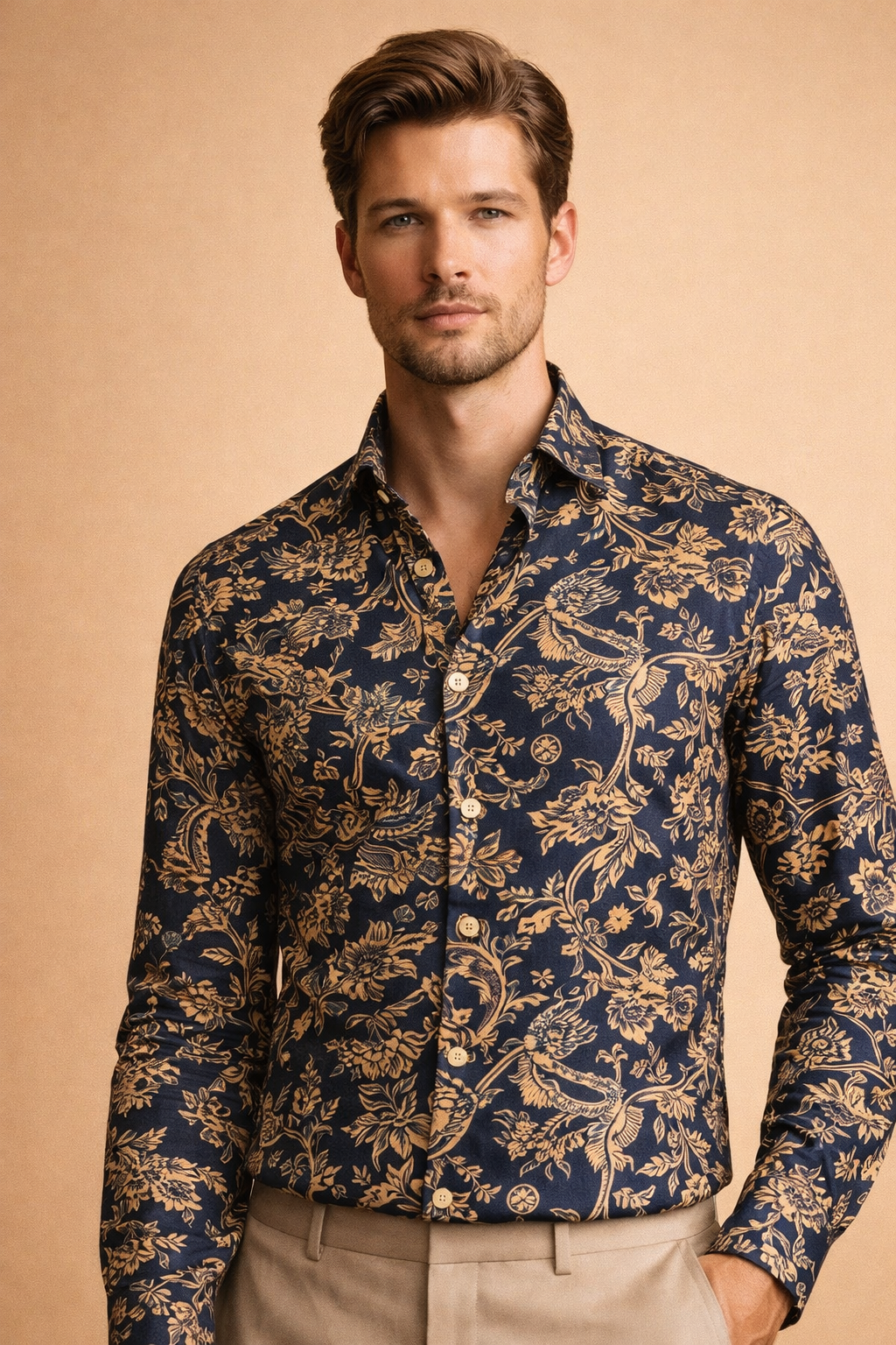Versatile men's floral button-up shirt, long sleeve for stylish casual wear & modern men's fashion.
