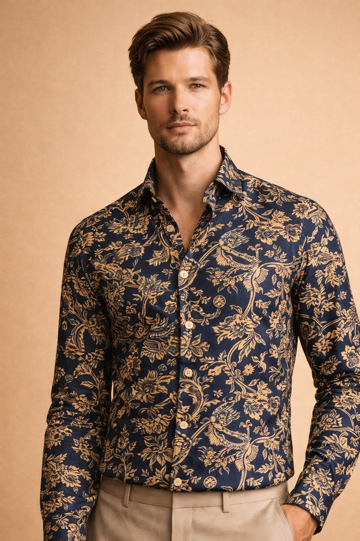 Versatile men's floral button-up shirt, long sleeve for stylish casual wear & modern men's fashion.