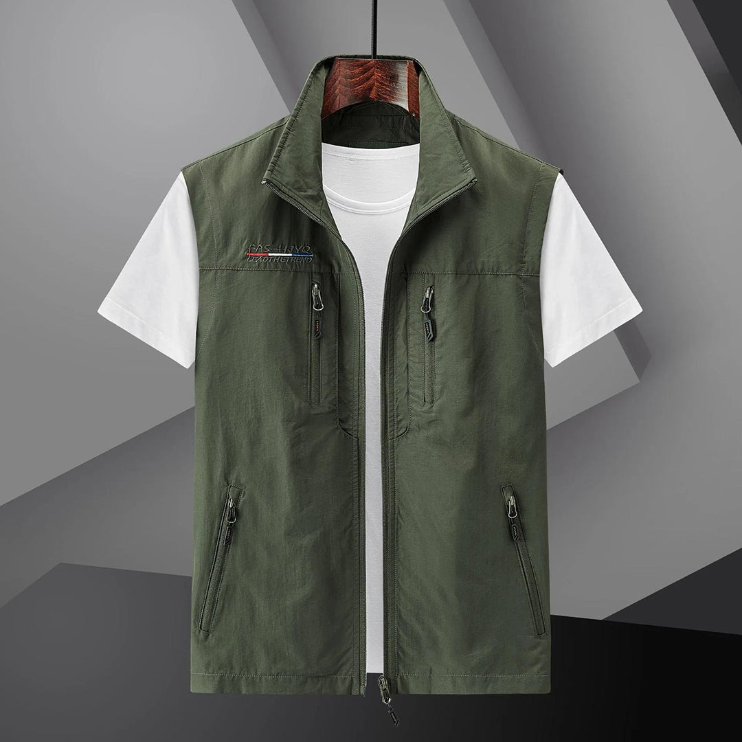 Versatile men's multi-pocket utility vest for summer travel, fishing, hiking. Lightweight, breathable, and functional.