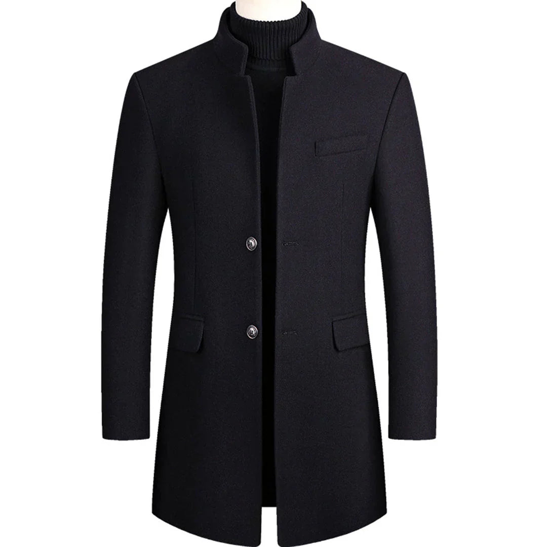 Men's new long formal winter coat for timeless elegance & cold weather warmth. Classic button-down professional attire.