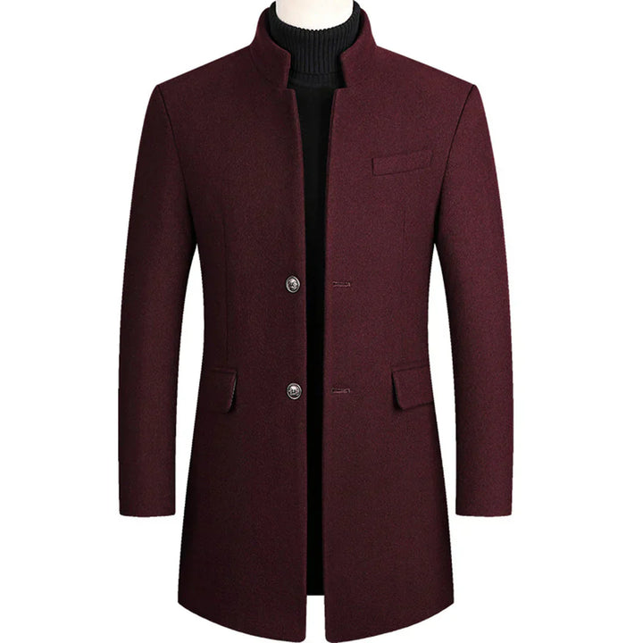 Classic men's long formal coat with a button-down front & lapel collar, offering winter warmth & elegant style.