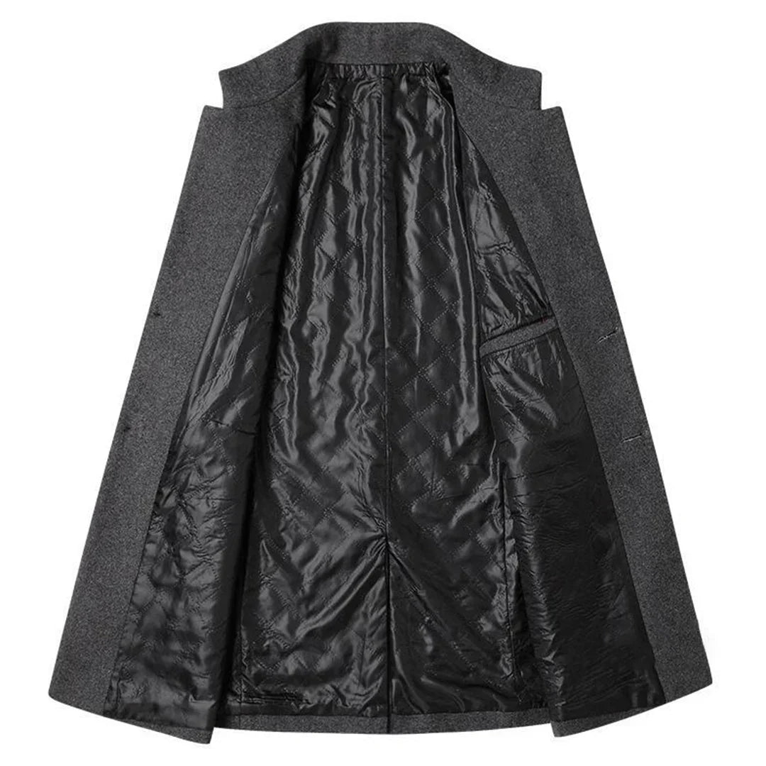 Professional men's long coat, elegant outerwear for winter. Features a button-down front & classic lapel collar.
