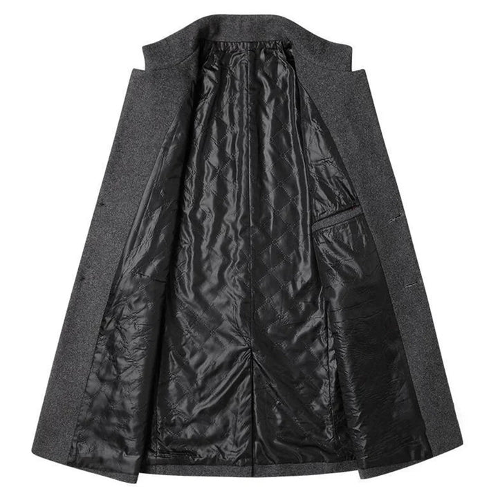 Professional men's long coat, elegant outerwear for winter. Features a button-down front & classic lapel collar.