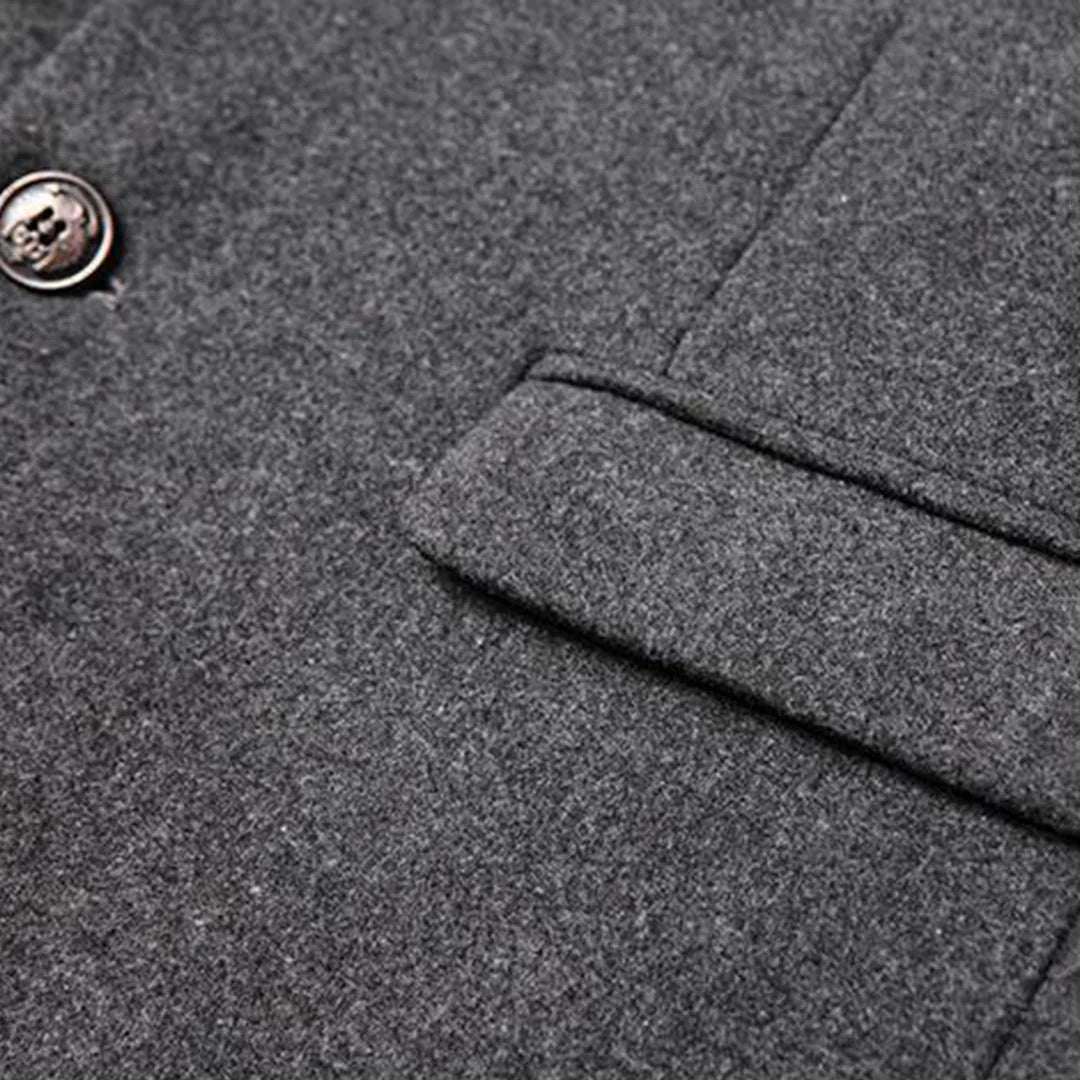 Full length view of men's formal winter coat, showcasing its elegant design, regular fit & professional style.