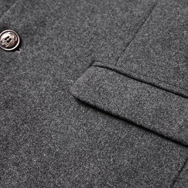 Full length view of men's formal winter coat, showcasing its elegant design, regular fit & professional style.