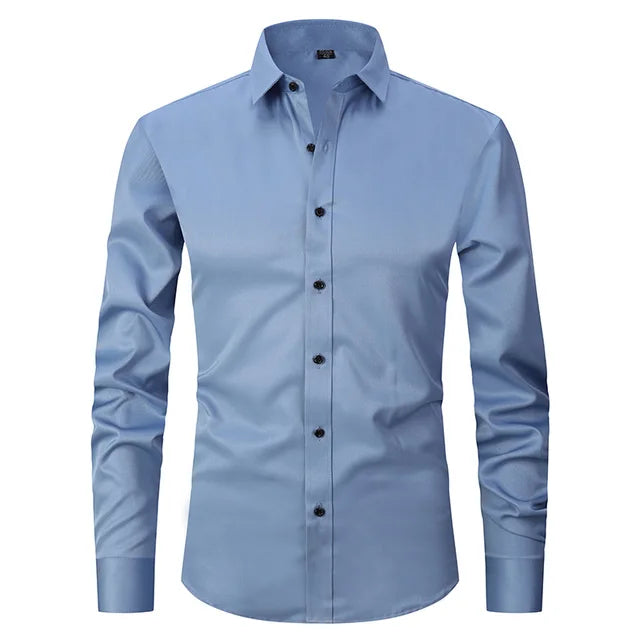 Close-up of a smooth, wrinkle-free men's dress shirt, showcasing the crisp fabric for a professional look.