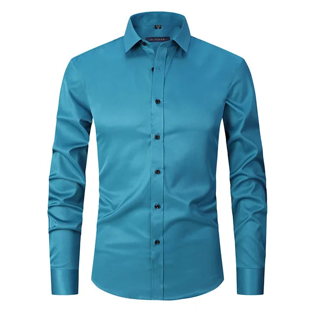 Man in a stylish Noah Wrinkle-Free Stretch Dress Shirt, exuding confidence for office and formal settings.