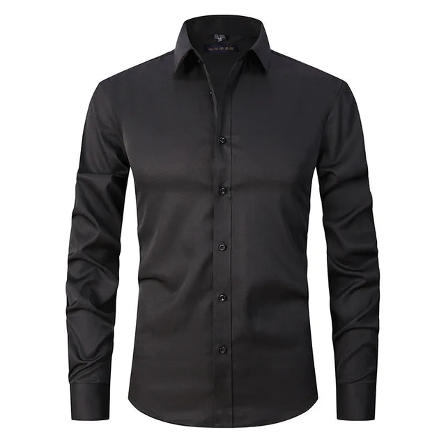 Detail of the breathable, stretch fabric of the Noah Wrinkle-Free men's dress shirt for all-day comfort.