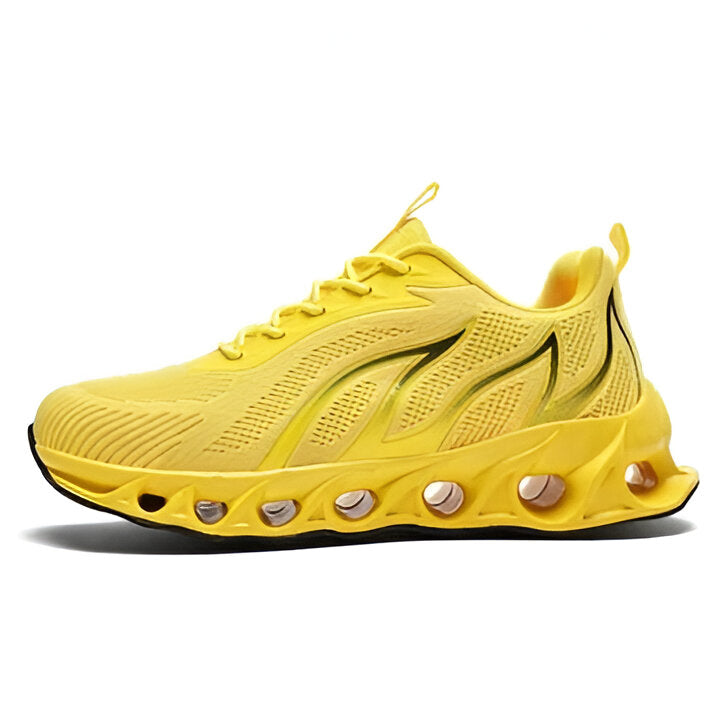 Side profile of men's orthopedic athletic shoes, highlighting the integrated arch support for pain relief.
