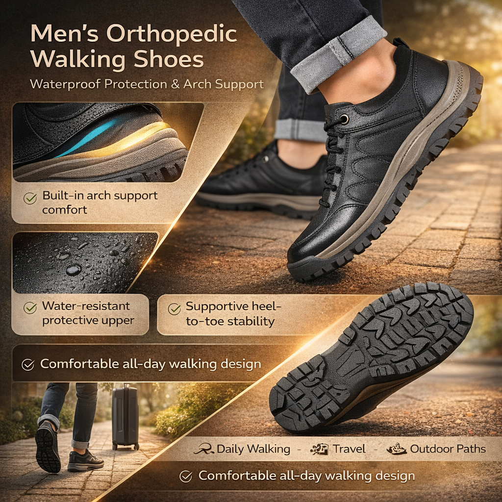Stylish men's orthopedic waterproof walking shoes, offering arch support for everyday comfort.