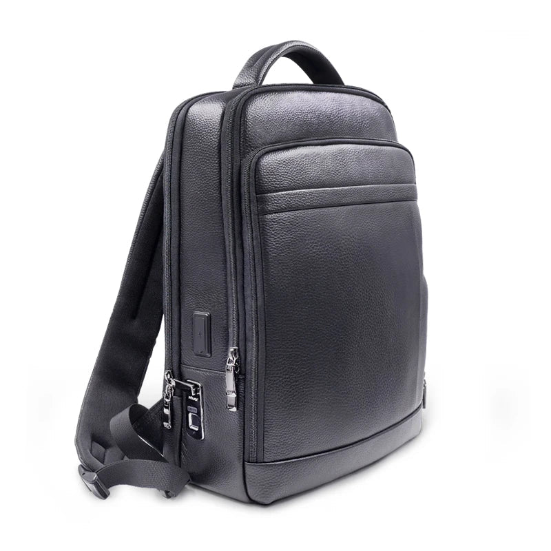 Men's premium leather anti-theft backpack with integrated biometric fingerprint lock for secure daily travel.