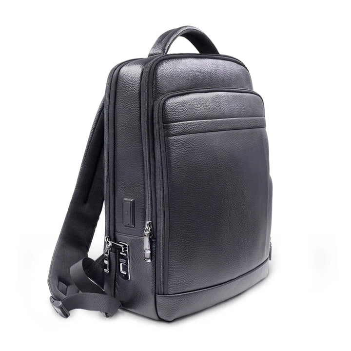 Men's premium leather anti-theft backpack with integrated biometric fingerprint lock for secure daily travel.