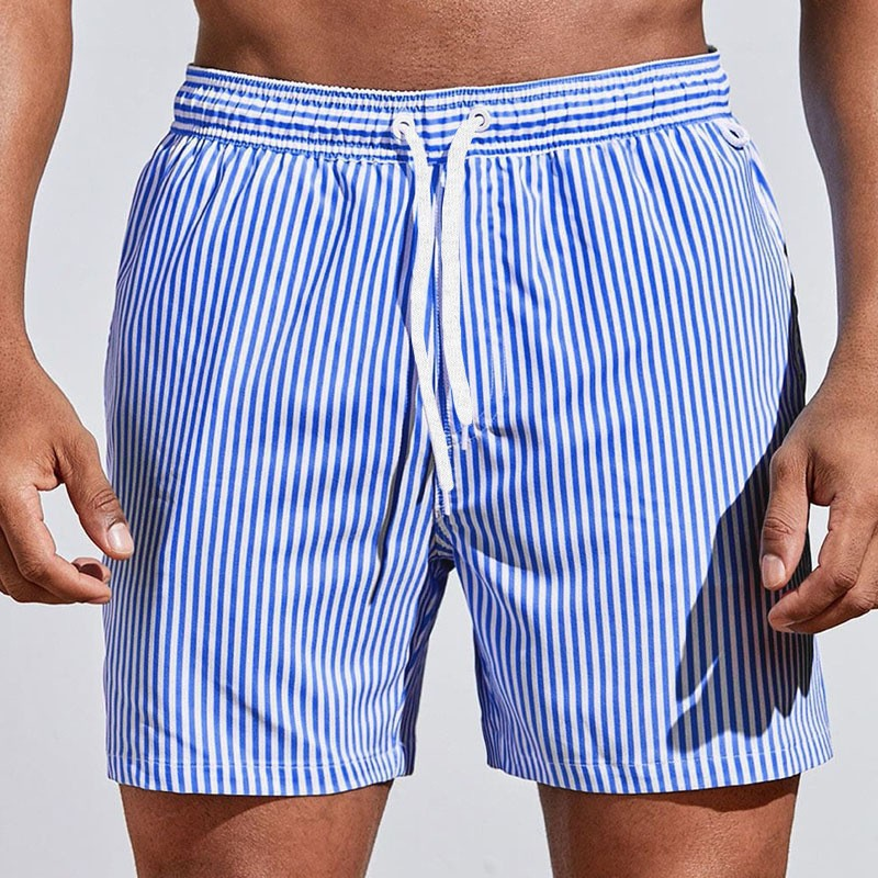 Men's quick-dry striped swim shorts with drawstring, perfect for summer beach and pool wear.