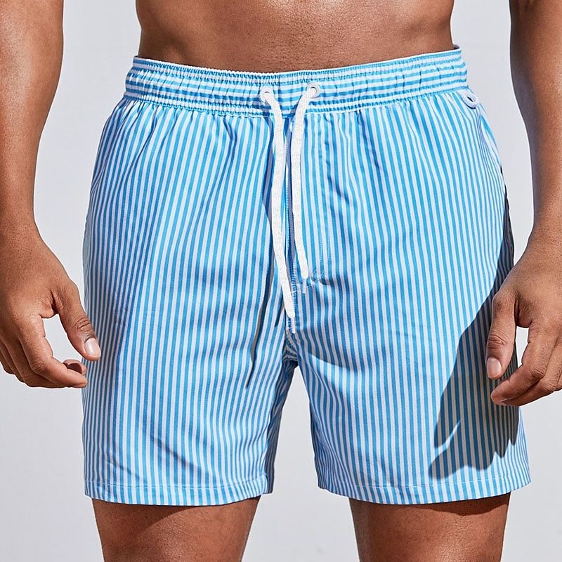 Striped men's drawstring swim shorts, ideal for summer beachwear & casual holiday fashion.