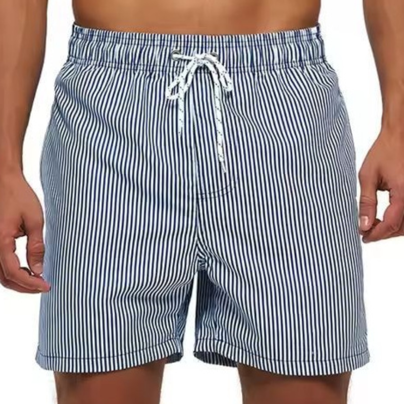 Men's quick-dry striped swim shorts, comfortable drawstring beachwear for summer and casual outings.
