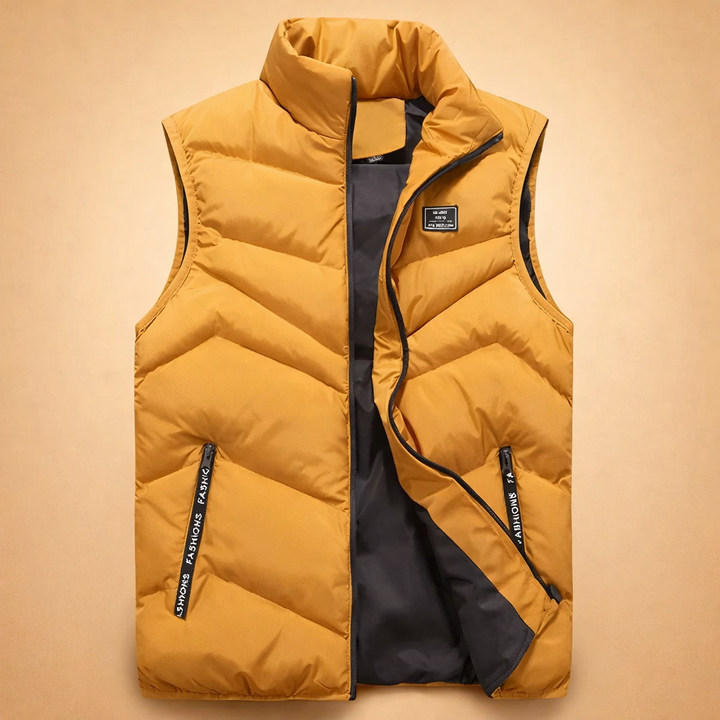 Warm yellow men's puffer gilet, perfect casual outerwear for chilly autumn days. Modern fit bodywarmer.